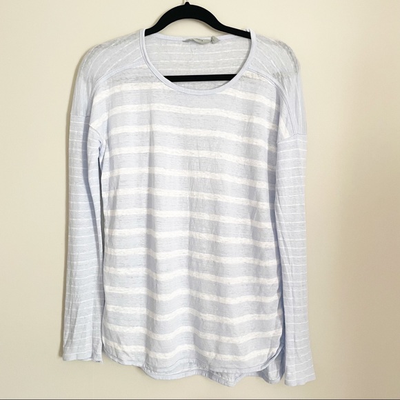 Athleta Blue & White Newport Striped Top 100% Linen Long-Sleeve Women’s Medium - Picture 2 of 8